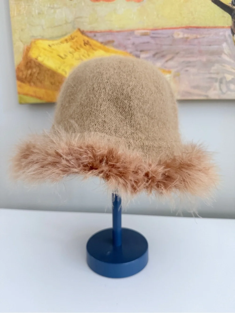 Angora Bucket Hat with Feather Trim